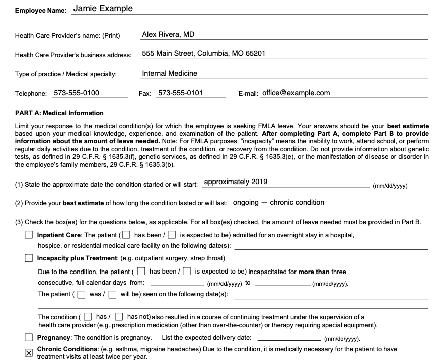 Page 2 of a sample Form WH-380-E completed with PatientPapers for a made-up patient: the provider's name, address and specialty filled in, the condition starting approximately 2019, lasting as an ongoing chronic condition, and the Chronic Conditions box checked.